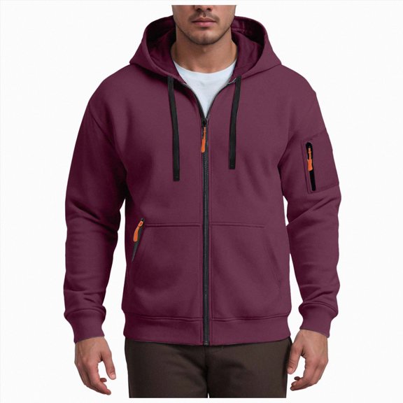 UOCUFY Hoodies for Men Casual Long Sleeve Full Zip Hooded Fleece Sweatshirt | Fashion Athletic Workout Jackets with Multi Pockets Wine,Size L