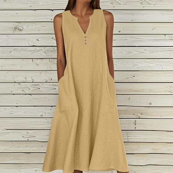 Gamivast Linen Dresses for Women Sleeveless V Neck Loose Fit Shift Midi Dress Cotton Linen Solid Button Detail Pockets Comfy Casual Daily Wear Summer Dresses