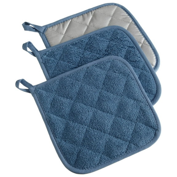 DII Modern Style Cotton Terry Potholders, Blue, Set of 3