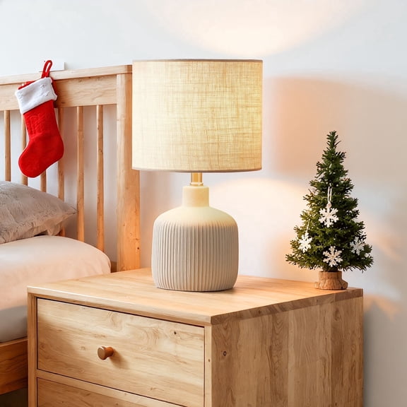 KAWOTI 17.75 in. Farmhouse Off White Ceramic Table Lamp with Beige shade