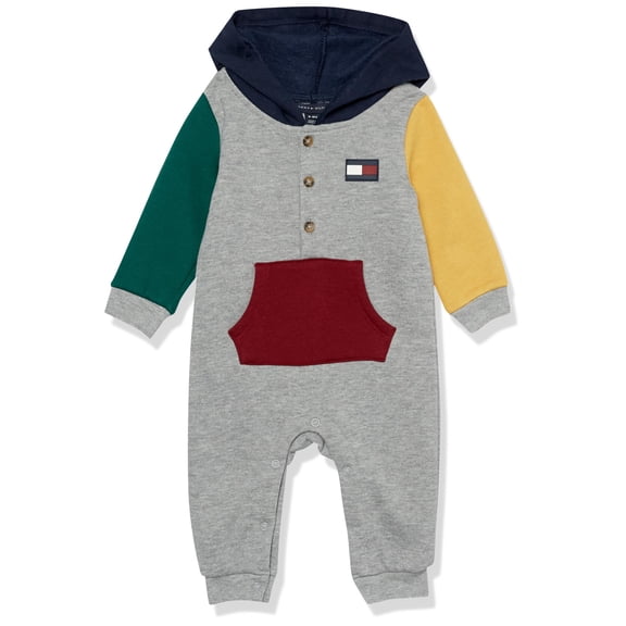 Tommy Hilfiger Baby Boys Hooded Coverall, Everyday Casual Wear, Comfortable & Stylish Fit, Heather/Navy/Cabernet/Honey Gold/Forest
