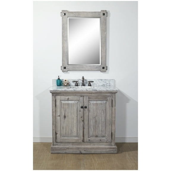 36" RUSTIC SOLID FIR SINGLE SINK VANITY IN GREY DRIFTWOOD WITH CARRARA WHITE MARBLE TOP-NO FAUCET