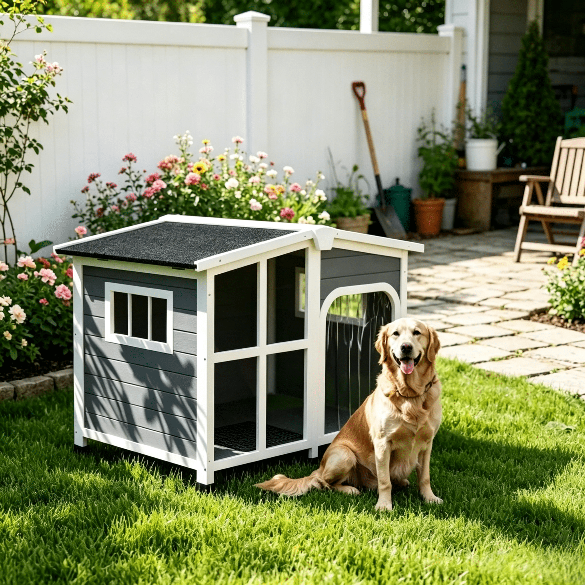 Large Dog House Cabin-Style Wooden Pet Shelter with Openable Roof And Giant Window, Gray