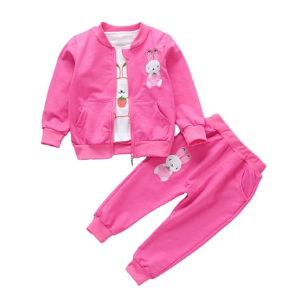 

Binhe Recommended Baby Girl Long Sleeved Bunny Print Top Coat Trouser Set Three Piece For 0 To 4 Years for Soft and Comfortable Wear