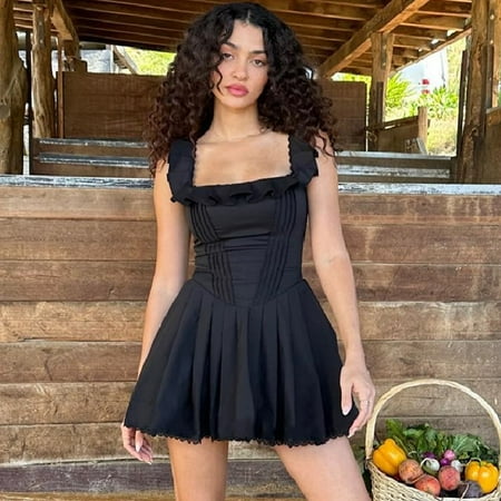 Summer new French style square neck ruffled herringbone corset dress for women