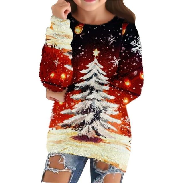 XXWXYD Chandail en Molleton Graphique de Noël pour Filles, Col Rond Manches Longues Chandail pour Automne Hiver Vacances, Chemise Décontractée de Noël avec Design Festif, Cadeau de Vacances 2023 pour Enfants
