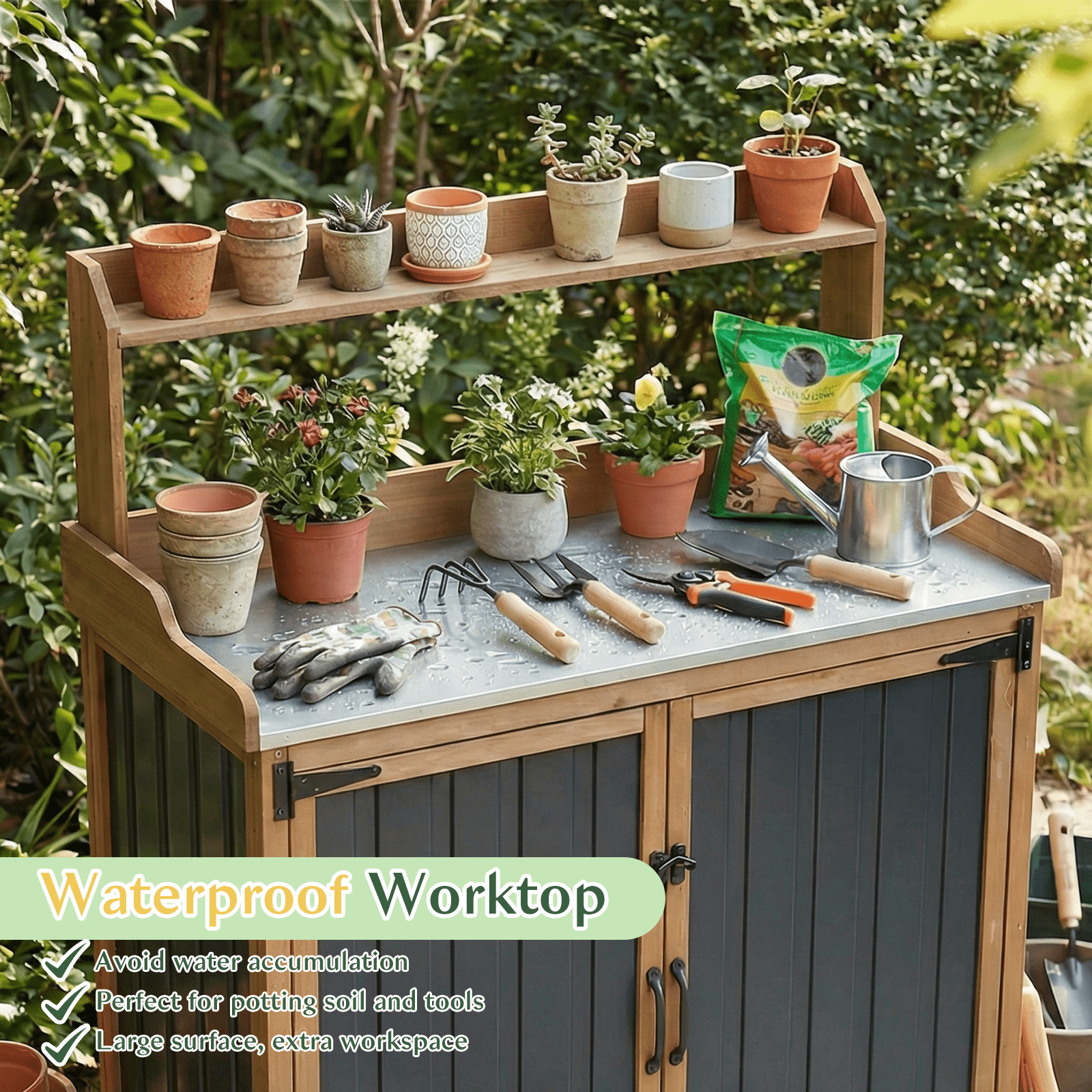 2-in-1 Outdoor Storage Cabinet & Potting Bench, Heavy Duty Metal Top Utility Station for Garden Tools, Easy Assembly