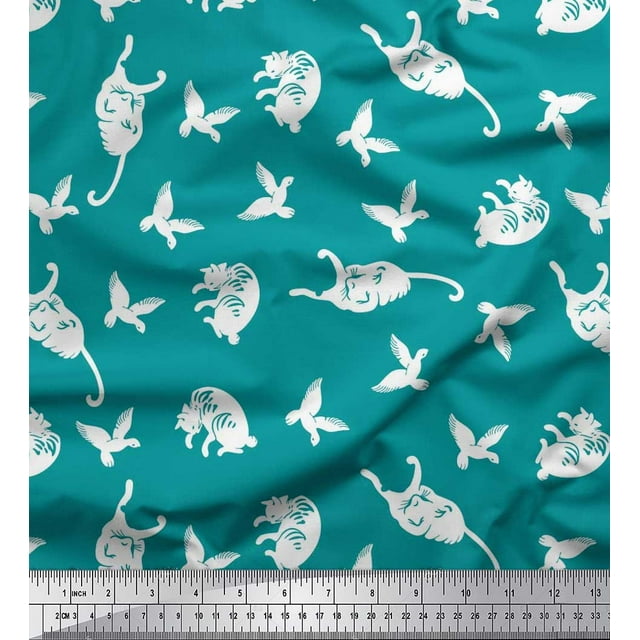 Soimoi Rayon Fabric Bird & Cat Animal Print Fabric by The Yard 42 Inch Wide