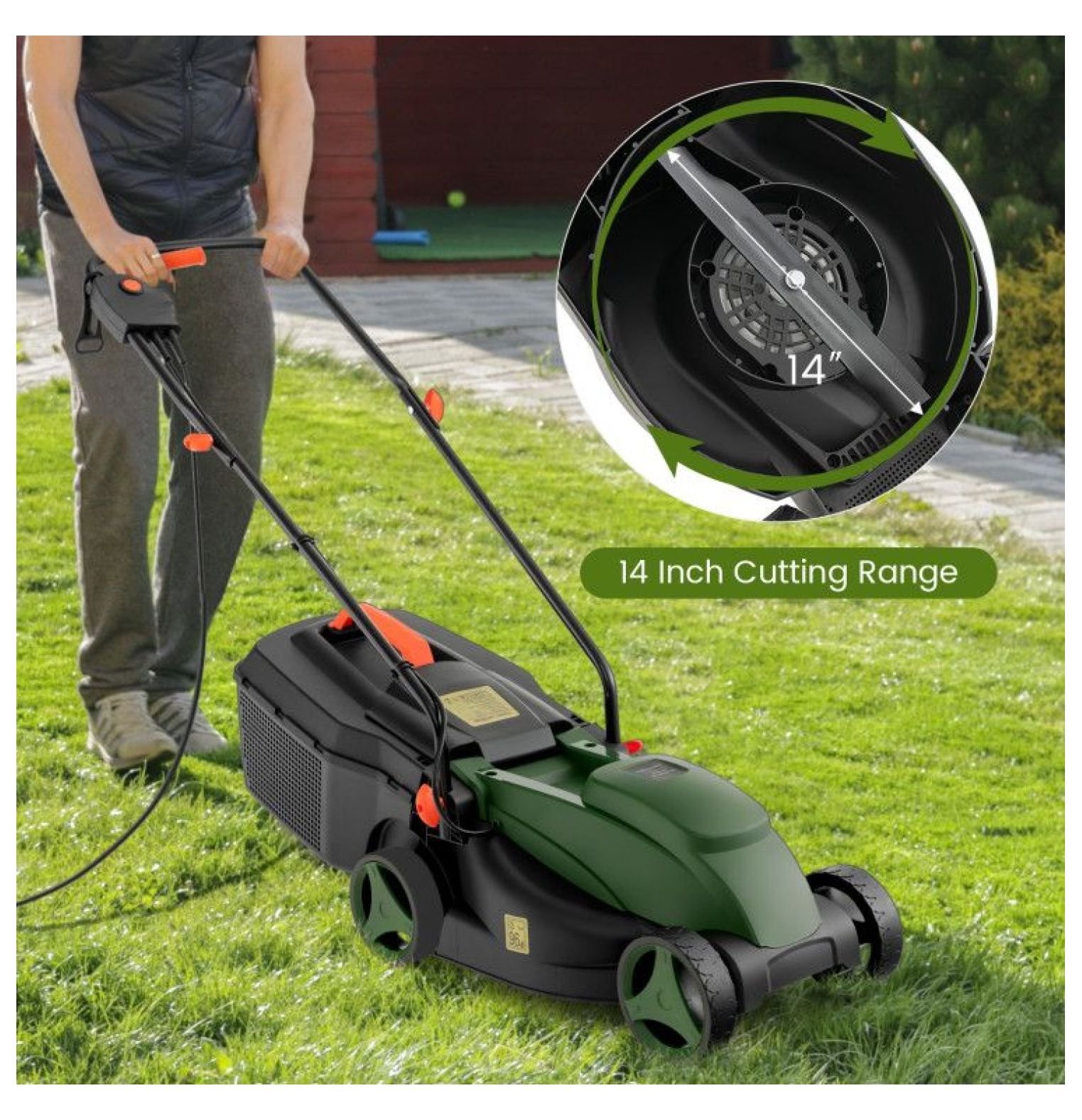 Electric Lawn Mower 13.5 Inch, 15A Corded Mower with 9 Gal Collection Box, 3-Position Height Adjustment, Foldable Handle, Lightweight Lawn Mower