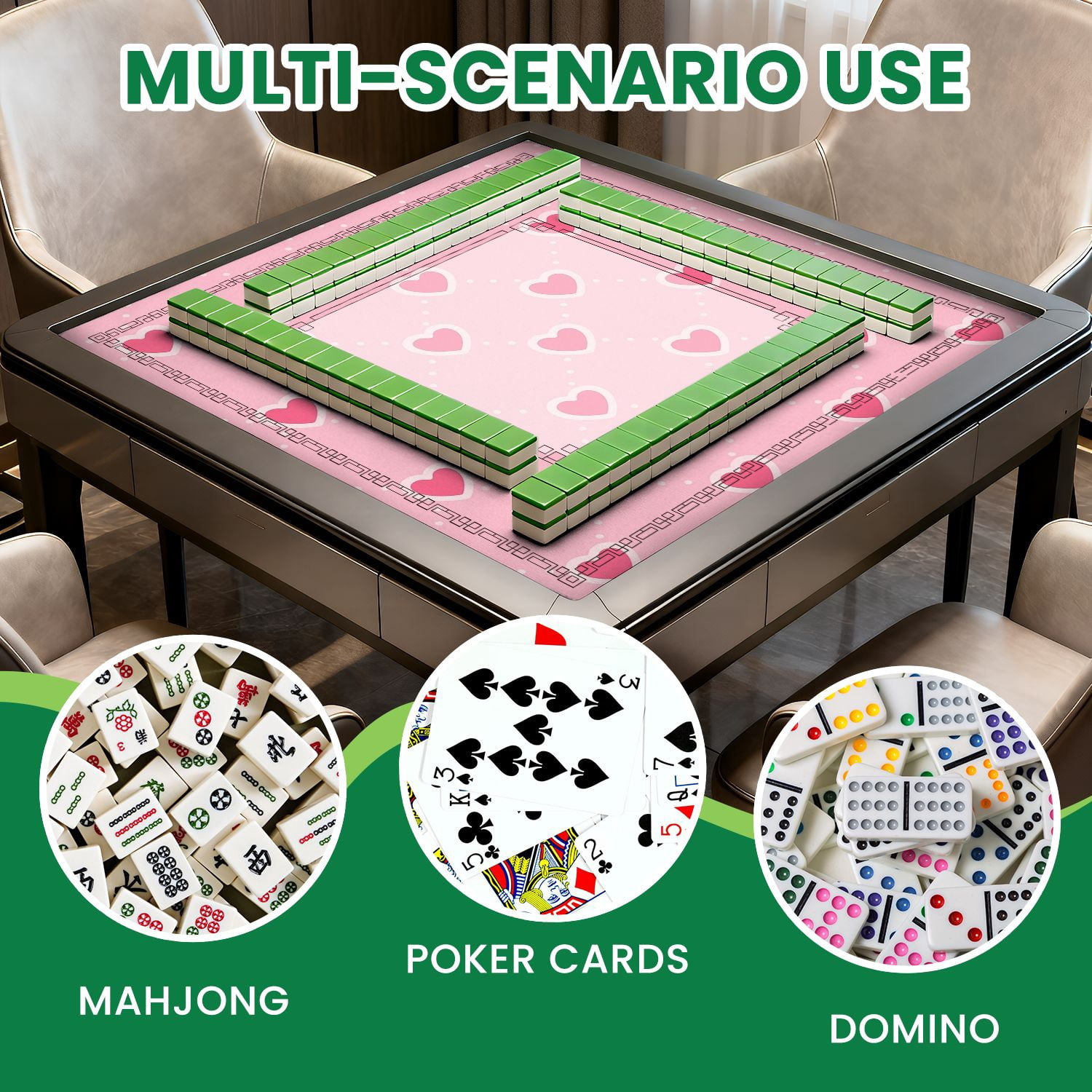Mahjong Mat 31.5" x 31.5" Pink Heart Dotted Lines Light Pink Non-Slip Noise Reduction American Mahjong Tiles Table Cover for Dominoes Poker Card Board Games Gift