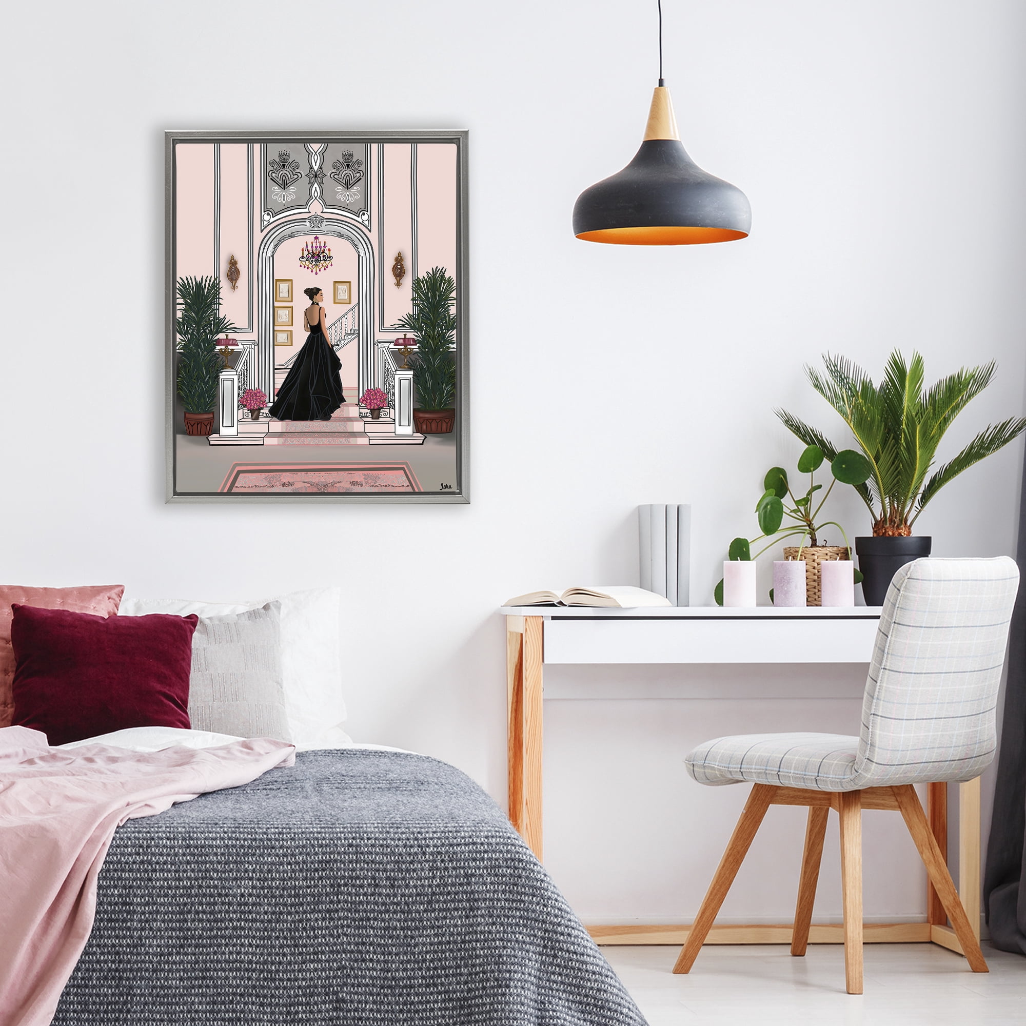Stupell Industries Mansion Girl in Gown Gray Framed Floater Canvas Wall Art, design by Tara Boone