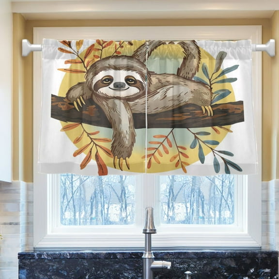 Ryvnso Sloth on Branch Half Curtains Sets Tier 2 Panels Short Curtain Rod Pocket 27"W x 24"L
