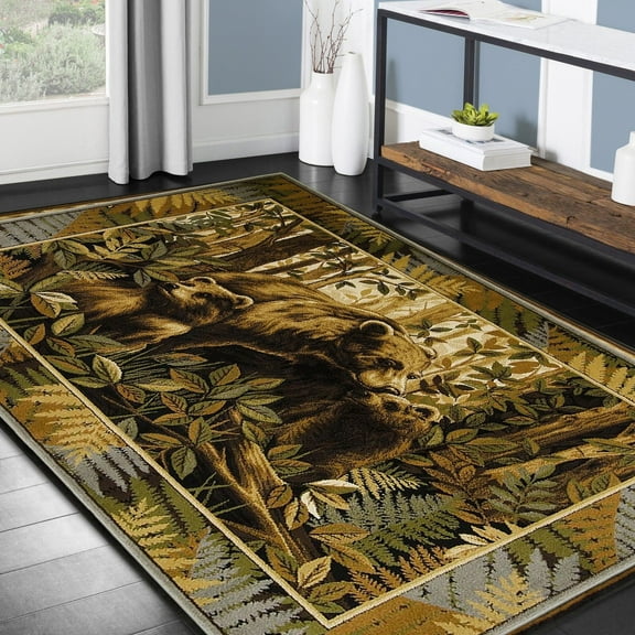 HR HANDCRFAT RUGS HR Lodge, Cabin Jungle and Wilderness Rug Cabin Area Rug Abstract, Green, Multicolor Pattern Mother Bear and Cubs Nature 38 x 5