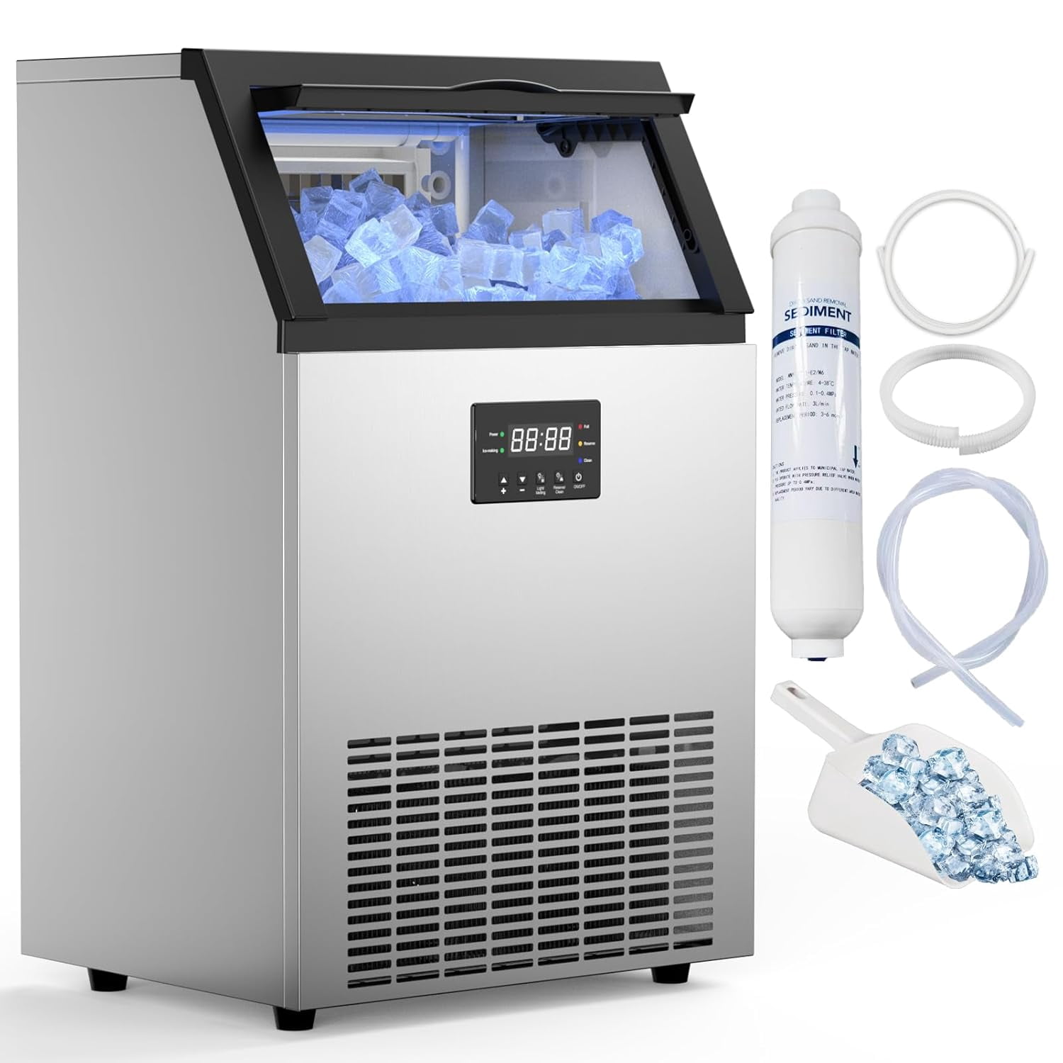 QAUSOU Commercial Ice Maker, 150Lbs/24H Under Counter Ice Machine 50 LBS Storage Bin 400W Compressor Freestanding Ice Maker Machine,Thicknesses Adjustable
