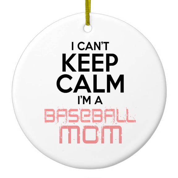 DistinctInk Hanging Ceramic Christmass Tree Ornament with Gold String - Great Gift / Present - 2 3/4 inch diameter - Can't Keep Calm I'm a Baseball mom