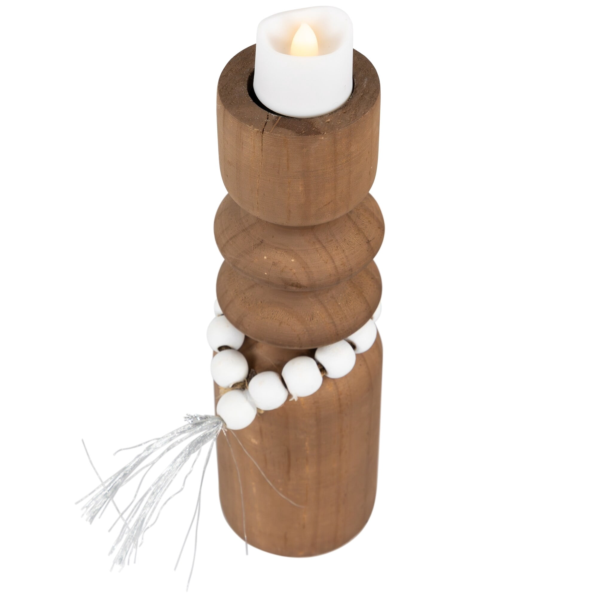 Wooden Tealight Candle Holder with Beaded Tassel - 9.75" - Brown