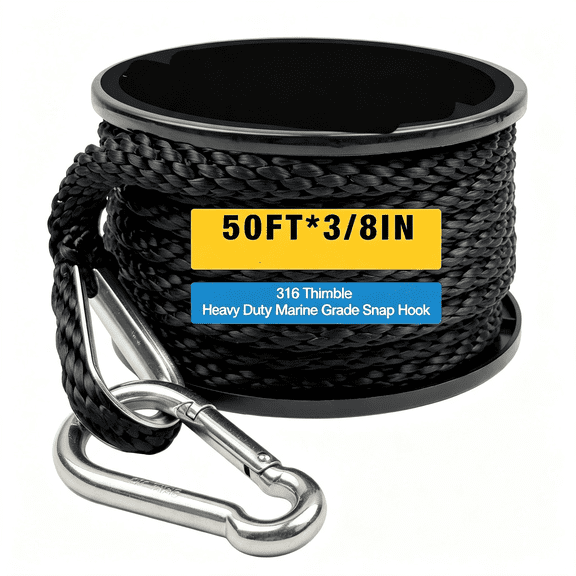 MISSMILE 50 Feet Double Braided Nylon Boat Anchor Rope 3/8" with 316 Stainless Steel Thimble and Heavy Duty Snap Hook Marine Grade Anchor Line Black (Black,50Feet)