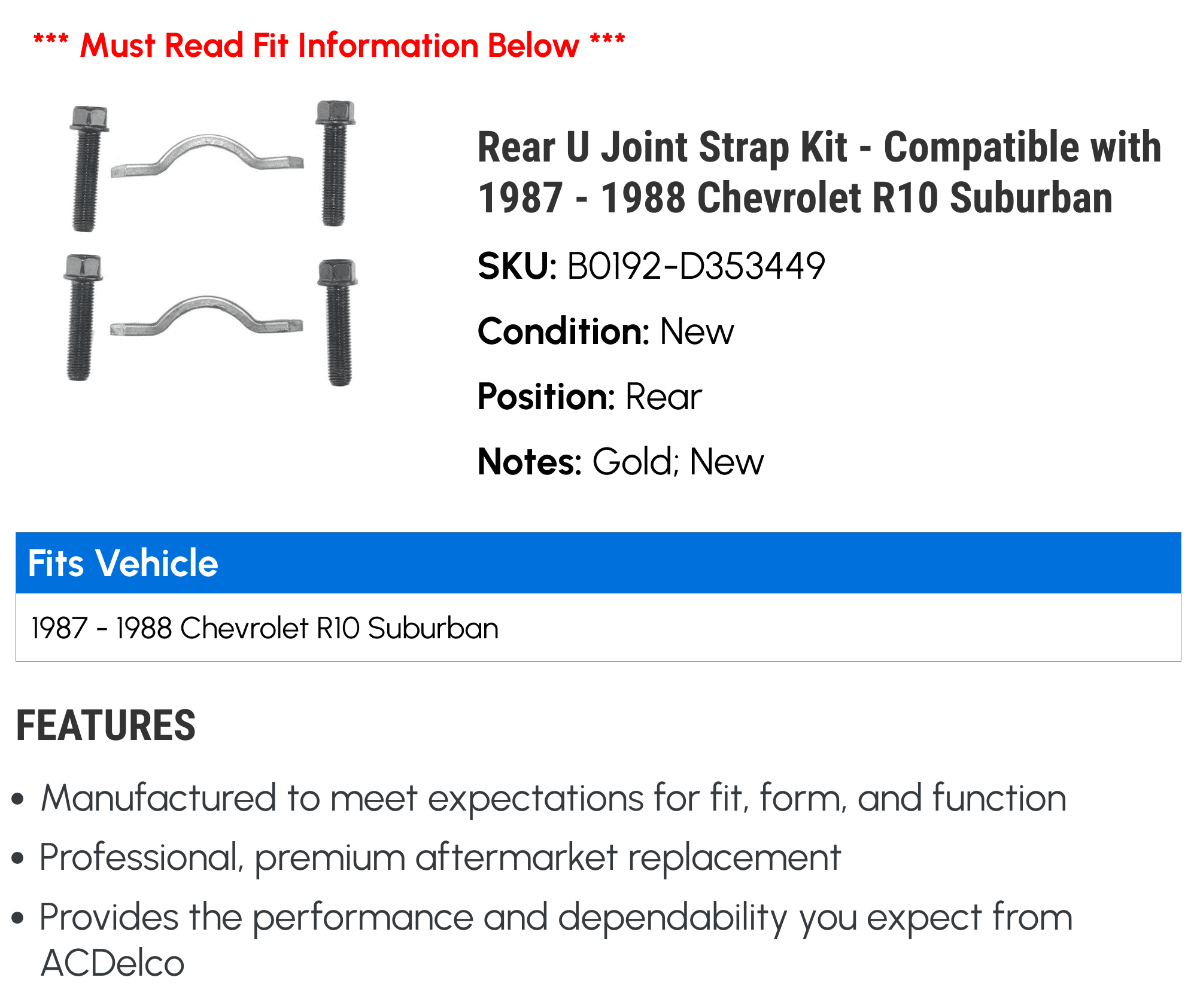 Rear U Joint Strap Kit - Compatible with 1987 - 1988 Chevrolet R10 Suburban - AC Delco