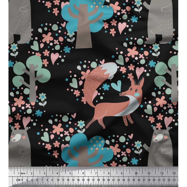 Soimoi Moss Georgette Fabric Tree,Fox & Bear Kids Print Fabric by The Yard 42 Inch Wide