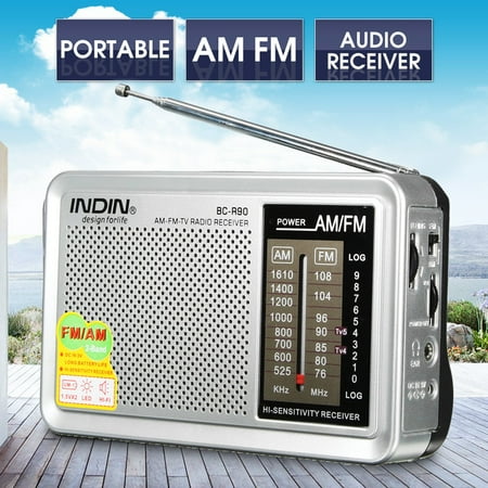 Outdoor Jacks INDIN Portable Pocket HIFI Stereo Mini AM/FM Radio Receiver Bulit in Speaker Telescopic Antenna World Frequency W/ Outdoor Speaker Jack 3.5mm AUX Earphone Jack LED ()