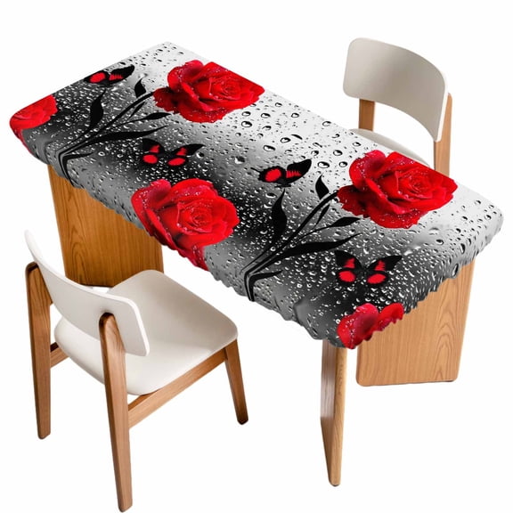 Valentine's Day Table Cloths for 4 Foot Rectangle Tables, Red Rose Floral Watercolor Butterfly Flowers Patio Waterproof Elastic Fitted Tablecloths, Washable Rectangular Table Cover for Camping