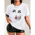 thumbnail image 1 of Camiseta con estampado artístico de labios rojos para mujer, cuello redondo, manga corta, tejido de punto de algodón con elasticidad media, para primavera/verano/otoño, ideal para practicar deporte., 1 of 6