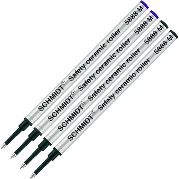Schmidt 5888 Safety Ceramic Rollerball Metal Refill - Black, Blue Ink (Medium Tip 0.7mm) - Pack of 4