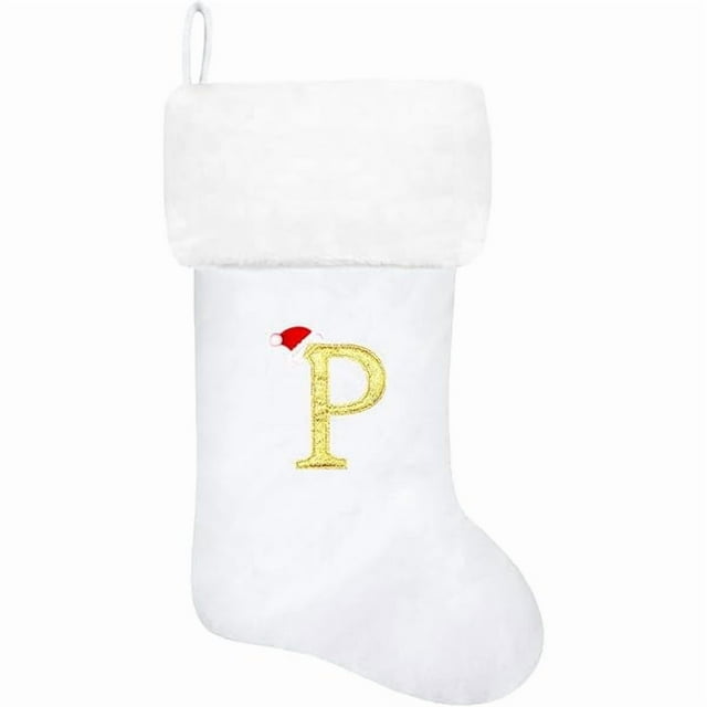 wonima44 20 Inches Monogram Christmas Stockings White Velvet with White Super Soft Plush Cuff Embroidered Xmas Stockings Classic Personalized Stocking Decorations for Family Holiday Season Decor(P)