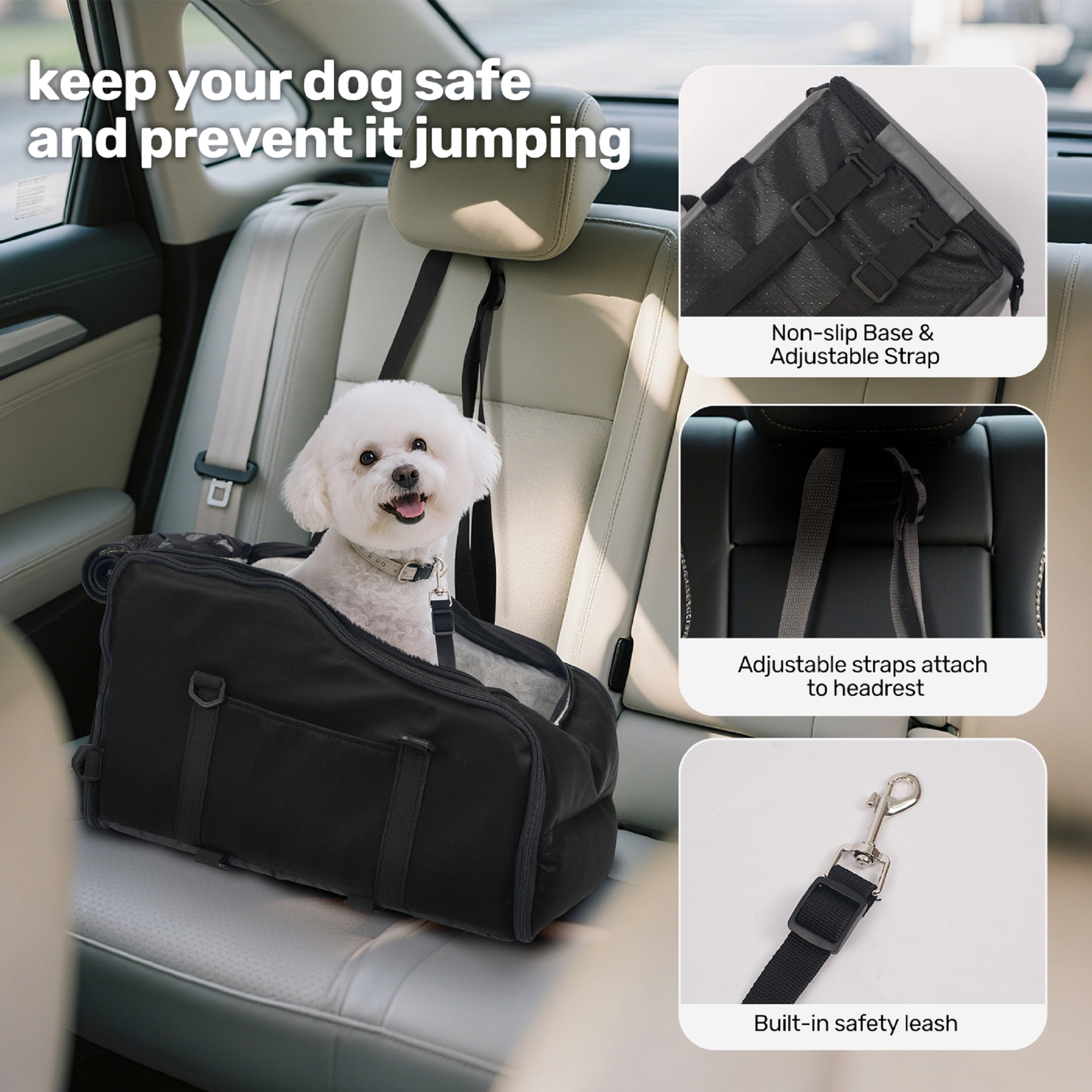 Pet Booster Seat For Cars, Dog Car Carrier With Safety Harness, Portable Travel Vehicle Pet Bed for Small Dogs, Cats Easy-Clean & Sturdy Construction, Black