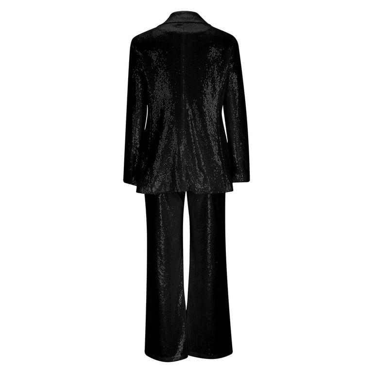 Qolati Womens Sequin Two Piece Outfits Business Pants Set Notch Lapel Slim Fit Formal Suits Tuxedo Blazer Jacket Sparkly Dress Suit Set