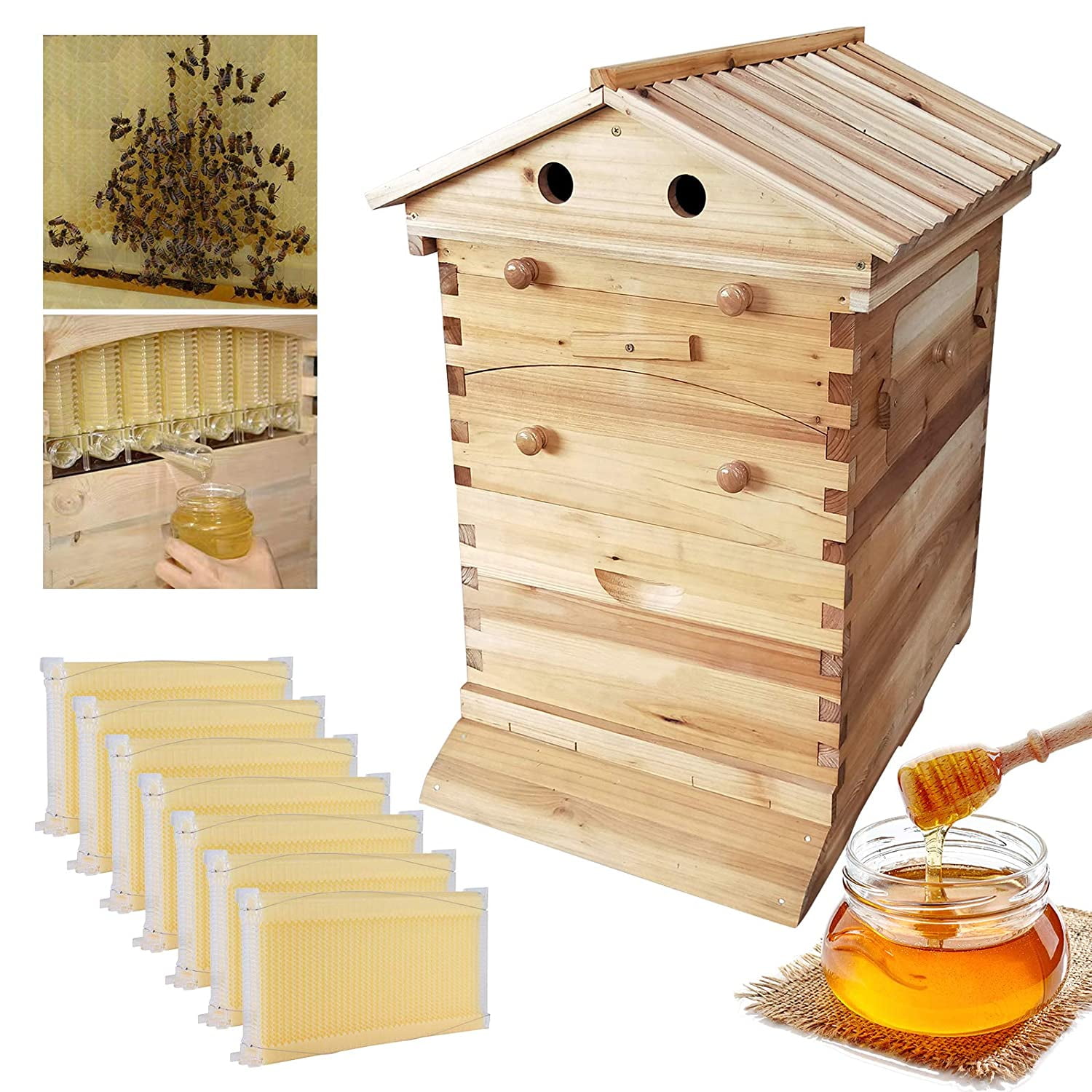 Wooden Bee Hive Box Beekeeping Beehive House For Auto Flowing Honey Frames US 