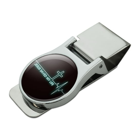 Jesus Saved My Life EKG Heart Rate Pulse Religious Christian Satin Chrome Plated Metal Money Clip