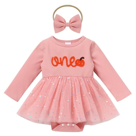 IDOPIP Baby Girl 1st Birthday Outfit Winter Pumpkin Sparkle Sequins Tulle Romper Dress + Headband