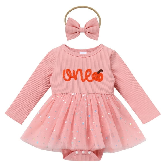 IDOPIP Baby Girl 1st Birthday Outfit Winter Pumpkin Sparkle Sequins Tulle Romper Dress Headband