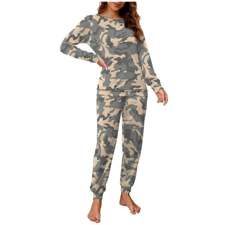 

iOPQO Women Pajama Sets Womens Pajama Set Long Sleeve Sleepwear Nightwear Soft Pjs Lounge Sets With Pockets Camouflage M