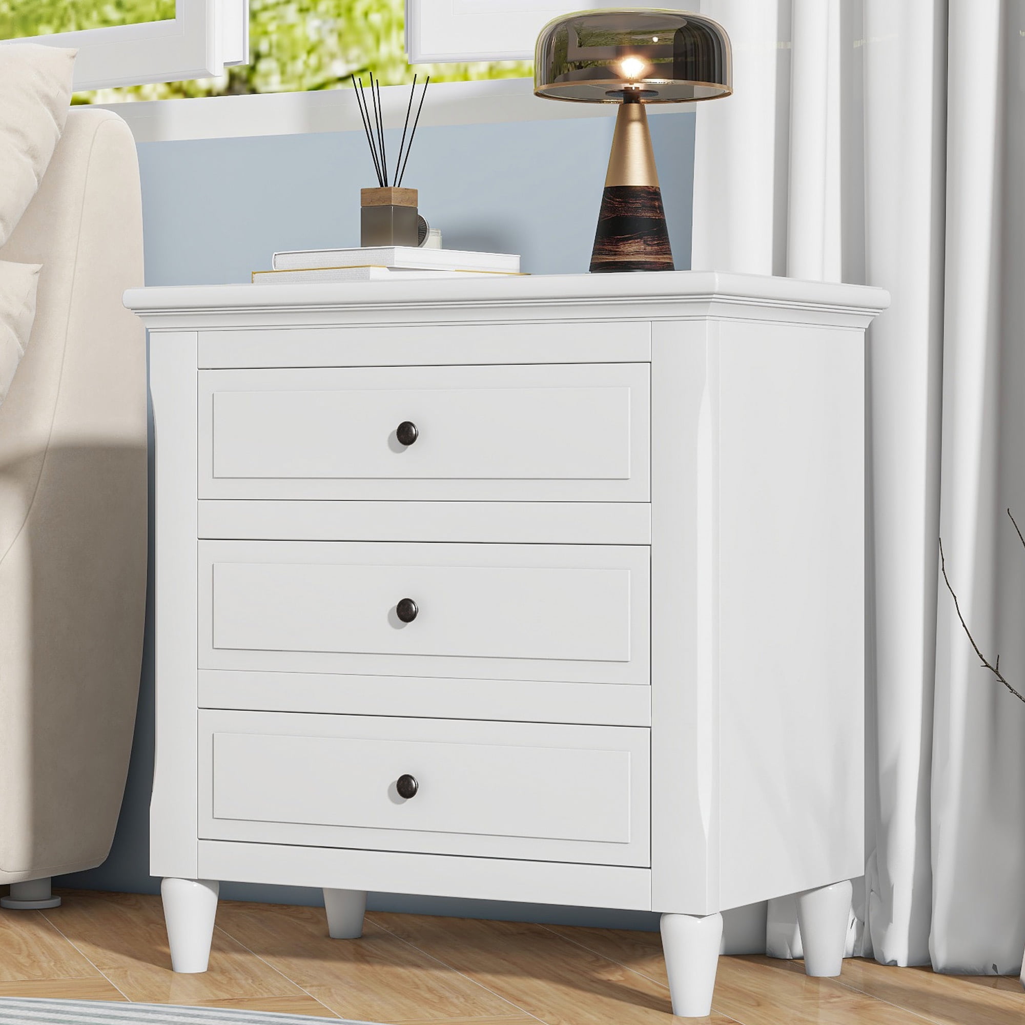 3 Drawer Nightstand,28" H Bedside Cabinet with Metal Handle,Modern Sofa Side Table with Rubber Legs for Bedroom Sofa Couch Office,White