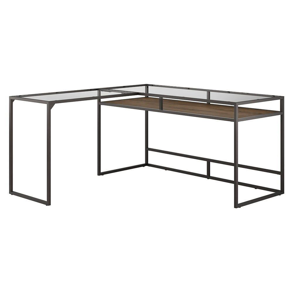 Bush Furniture Anthropology 60W Glass Top L Shaped Desk with Shelf