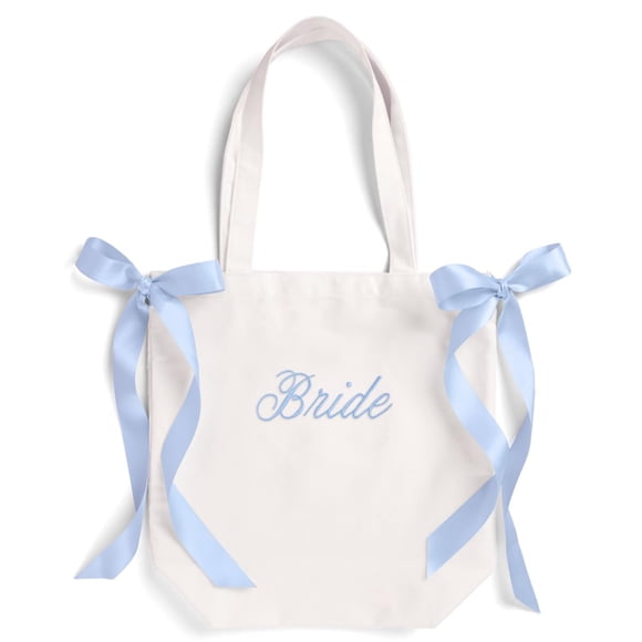 Tote Bag xo, lona Fetti White Bride con lazos de satén azul