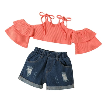 

ASEIDFNSA Girl Outfit Cute Clothes for Young Teen Girls Toddler Kids Baby Girls Strap Off Shoulder Ribbed Short T Shirt Tops Denim Shorts 2Pcs Outfits Clothes Set