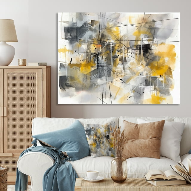 Designart Abstract Oversized Wall art decor, Abstract wall art Print, Beyond the Canvas in Yellow and Grey I , Yellow Modern Canvas wall art, 32x24 inches