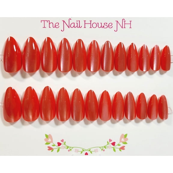 Ravishing Red - The Holiday Collection Shimmer Cat's Eye Glossy Medium Almond Press On Nails - 24 Pieces - Artificial Nail Kit - Christmas Nails
