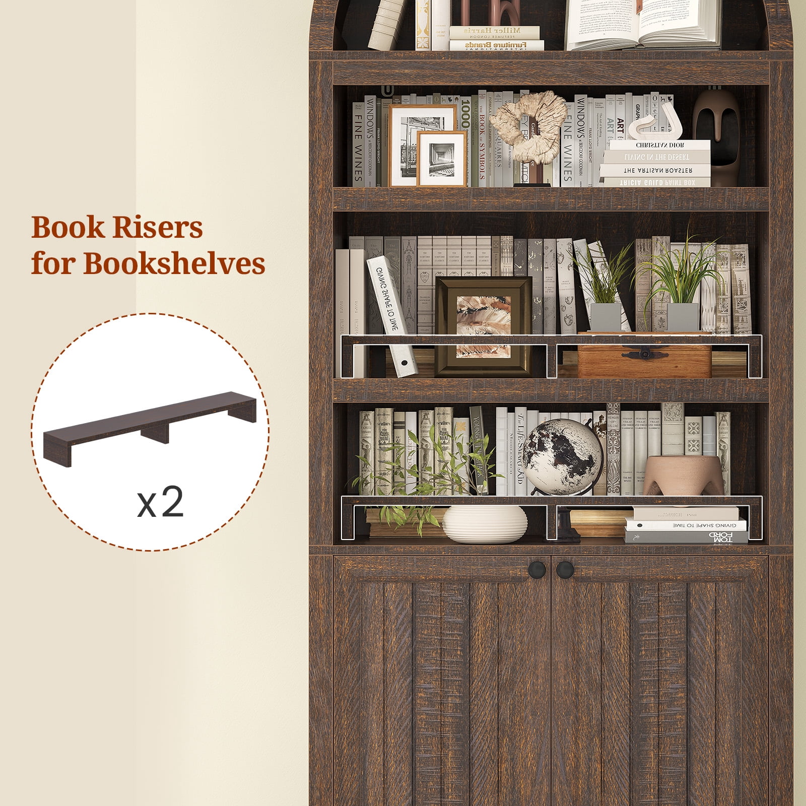 81" Tall Arched Bookshelf, Kitchen Pantry Storage Cabinet, 6-Tier Bookcase with 2 Doors for Living Room, Kitchen, Home Office, Walnut