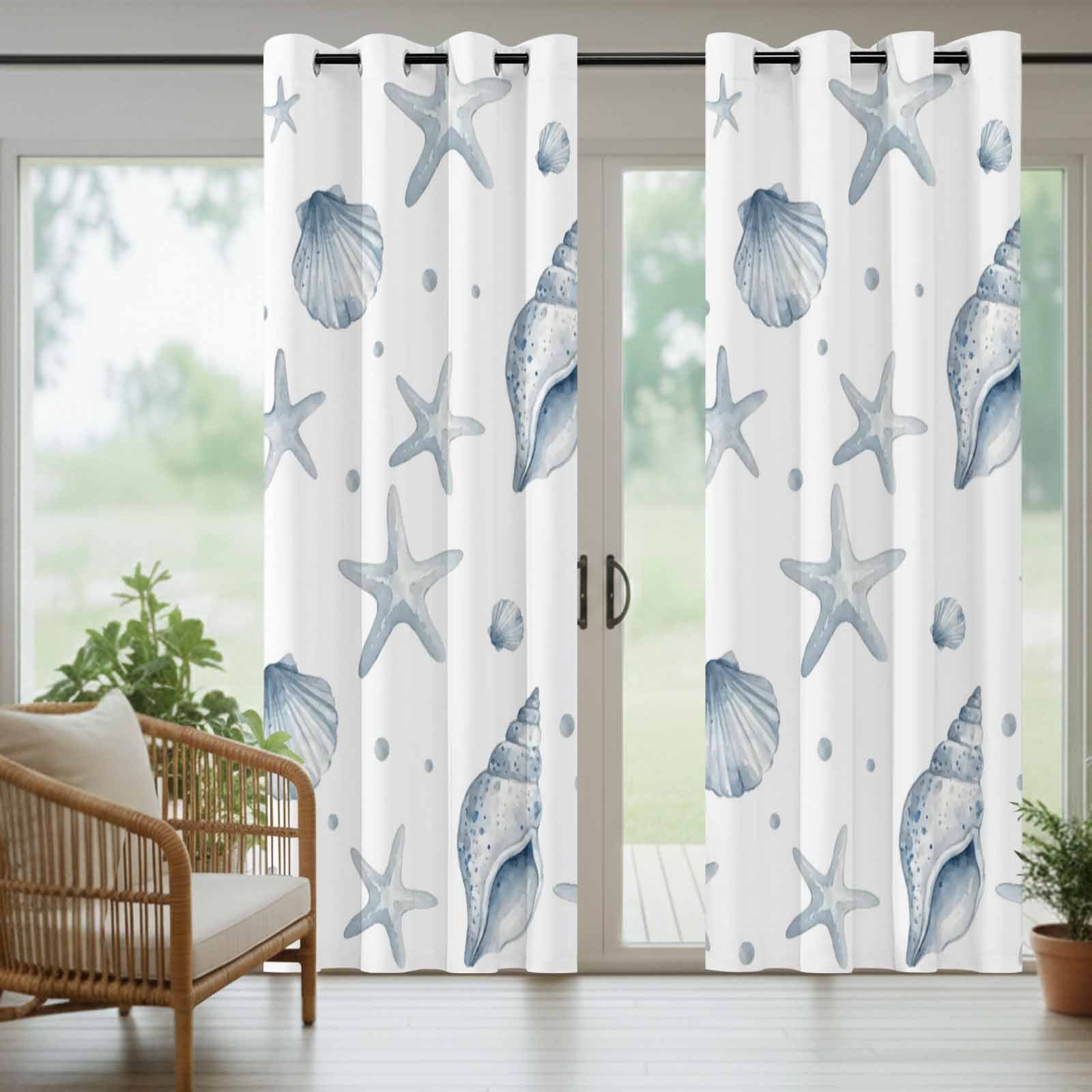 Ocean Starfish Shell Outdoor Curtains for Patio, Summer Sea Watercolor Marine Life Sunshade Privacy Drapes Grommet Waterproof Outside Curtains for Porch/Cabana/Balcony 54"x 108", 1 Panel