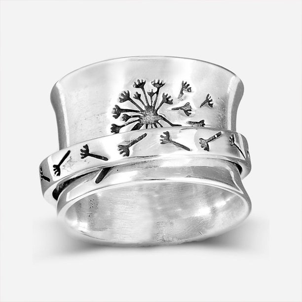 Anillo de diente de león grabado de tendencia vintage Anillo giratorio floral Anillo para aliviar el estrés, tamaño 8