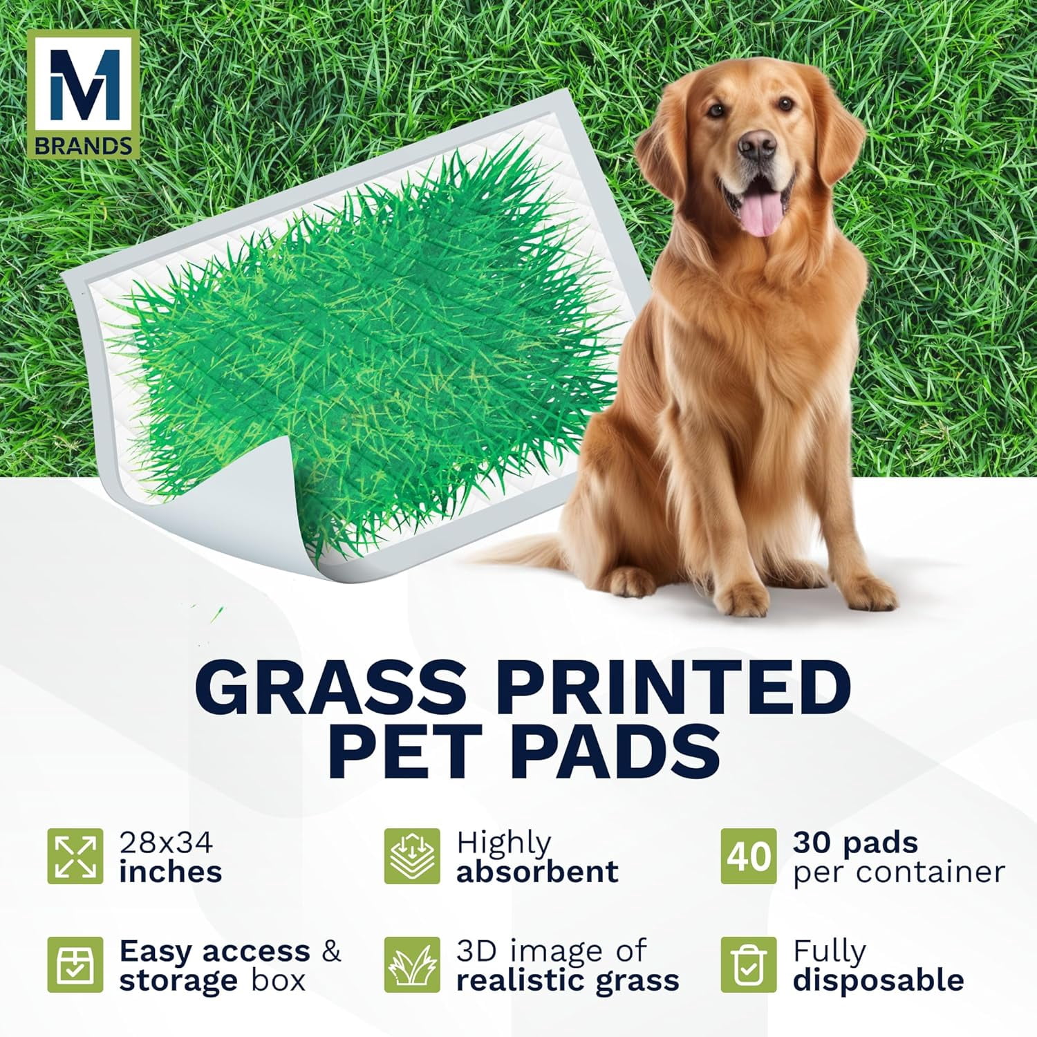 Big Dawg Pet Supplies XL Realistic Grass Printed Disposable Pet Pads. 28x34in Puppy Pee Pads for Dogs, Cats & Small Animal Wee in Handy Grab-n-Go Box. Absorbent Potty Training, Housebreaking Supplies