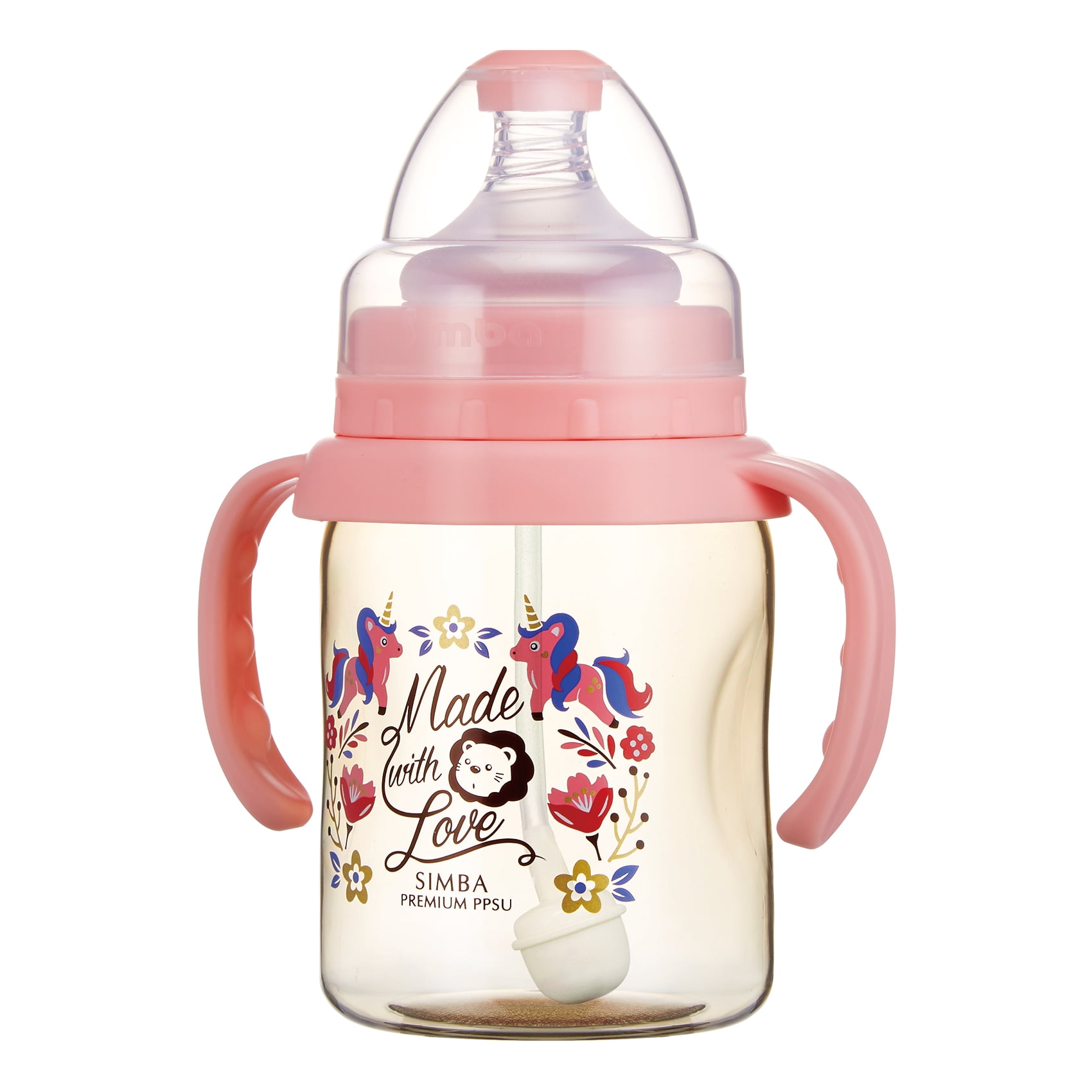 Simba Premium 7 oz PPSU Wide Neck Feeding Bottle with Handle and Weight Straw (Pink, Stage 1 Nipple)