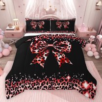 Homewish Kawaii Ribbon Bow 3 Pieces Queen Comforter Set for Boys Girls,Leopard Print Ultra Soft Bedding Sets,Black Red Bedding Comforter Set Breathable,Super Cozy Room Decor,Reversible