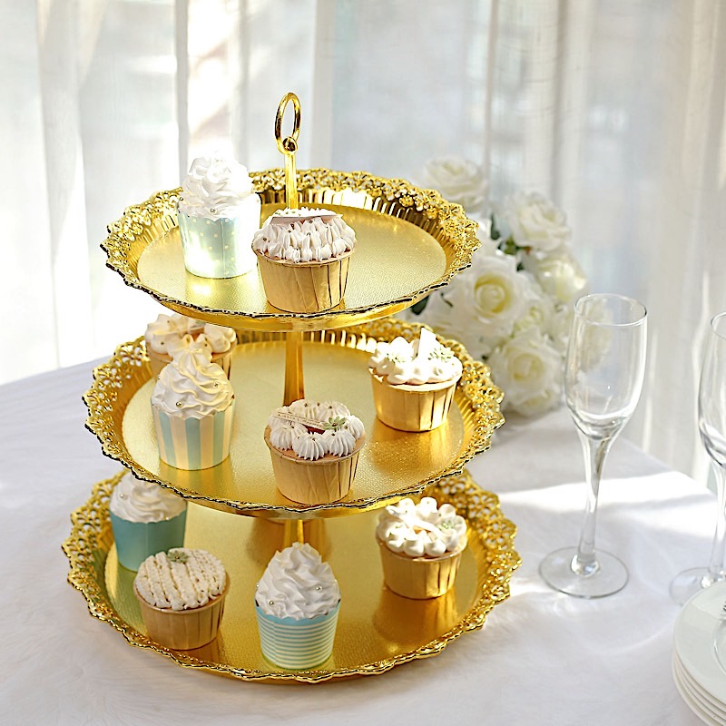BalsaCircle 15" Metallic Gold 3 Tier Plastic Cupcake Stand Round