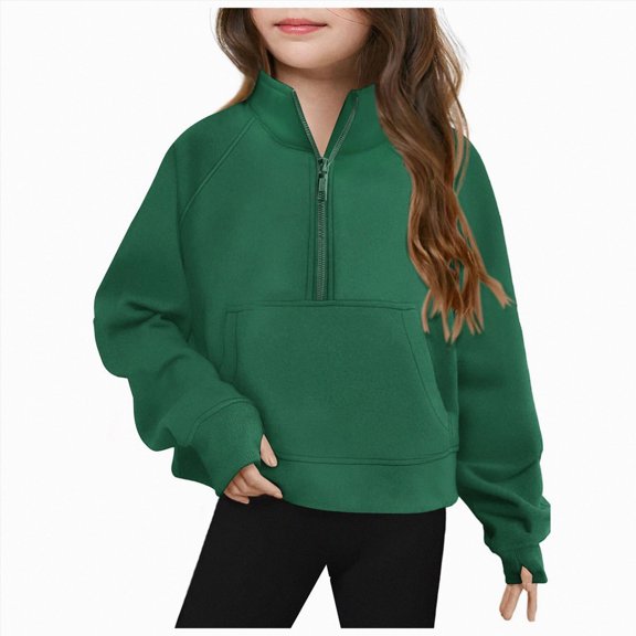 CAICJ98 Girls Sweatshirts Half Zip Cropped Pullover Fleece Quarter Zipper Hoodies Fall Fashion Outfits Clothes Sweatshirts for Girls (Green,5-6 Years)