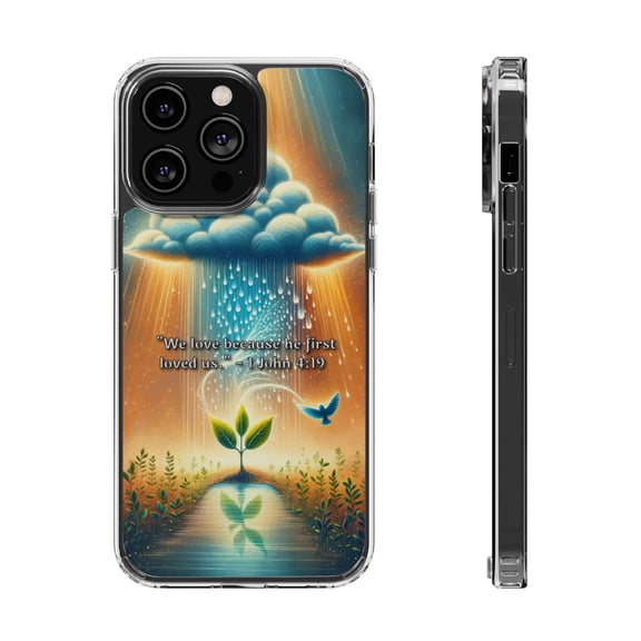 DistinctInk Clear Hybrid Case for Apple iPhone 12 Pro (6.1" Screen) - We Love Because He First Loved Us - Wireless Charging Compatible